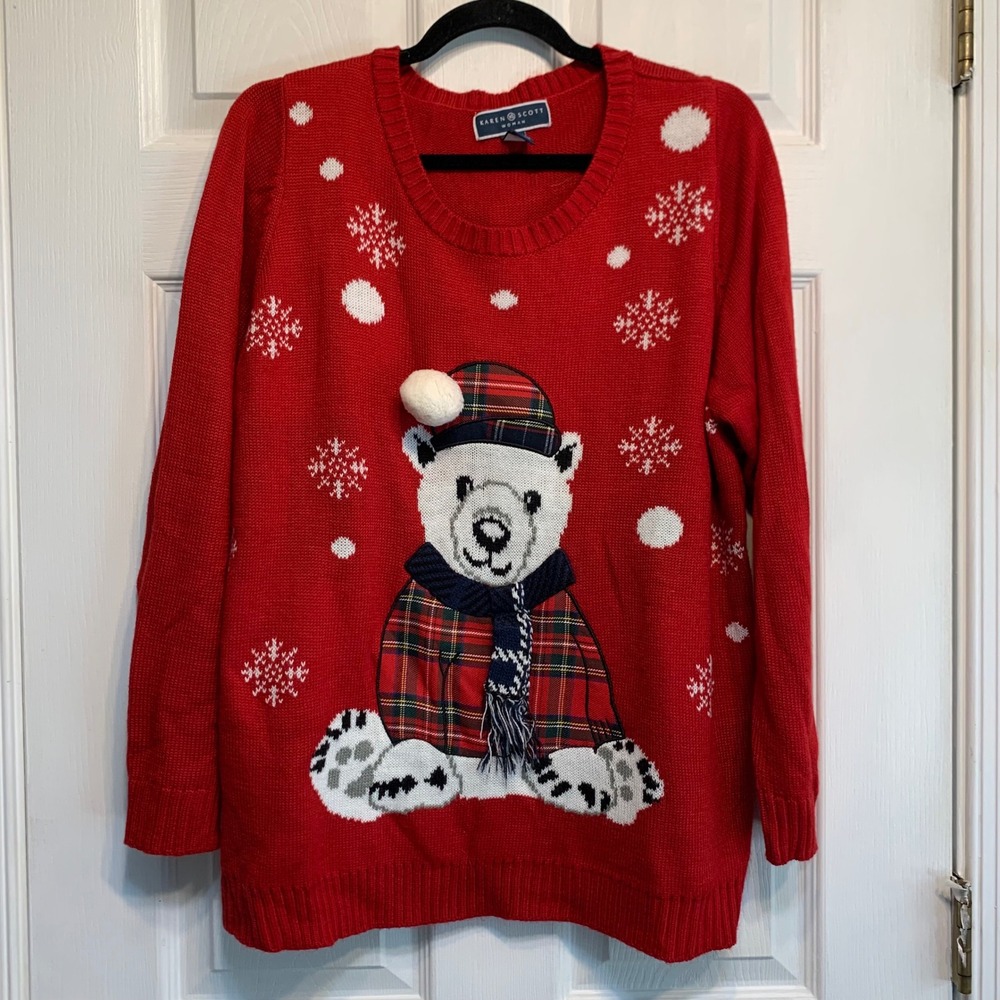 Karen Scott Polar Bear Christmas Sweater 1X Red Plaid Snowflake Holiday Knit